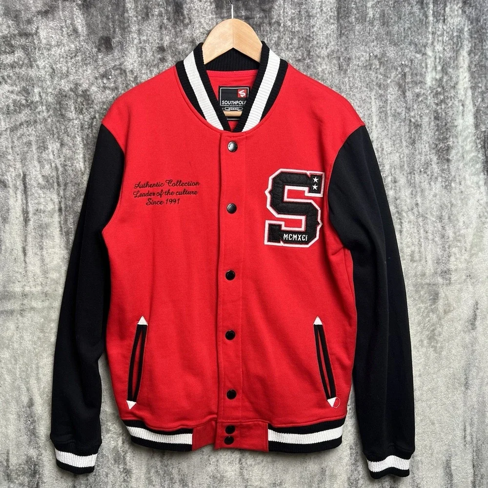 Y2K SouthPole Men's L Red Black Varsity Jacket Snap Button Bomber Letterman